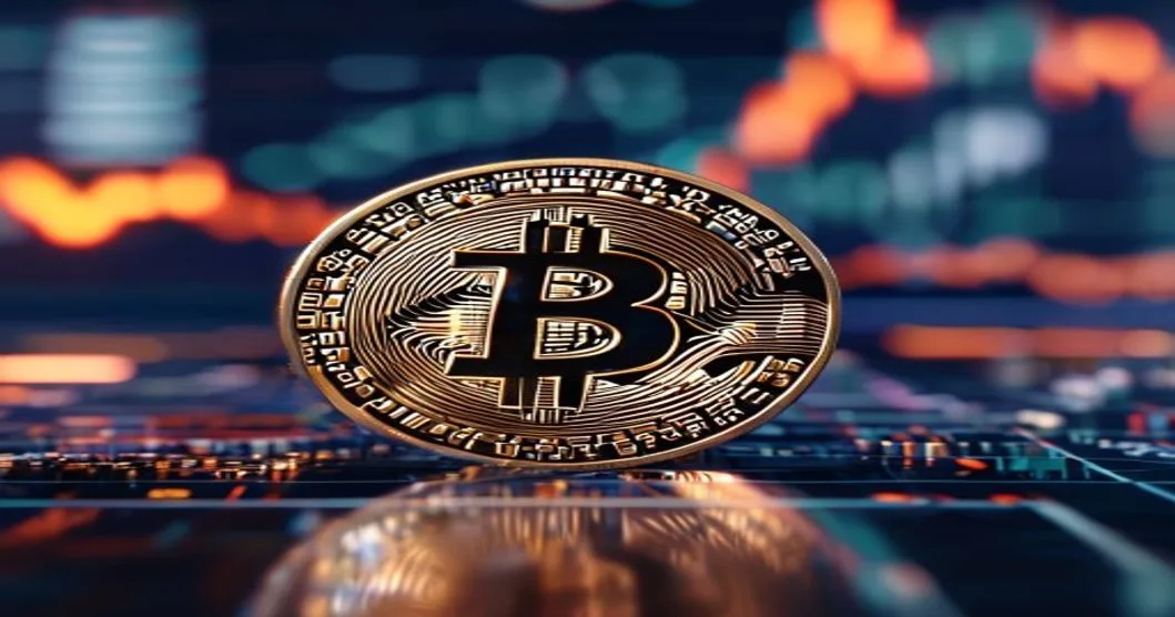 Bitcoin symbol displayed near a market chart as the price approaches $65,000