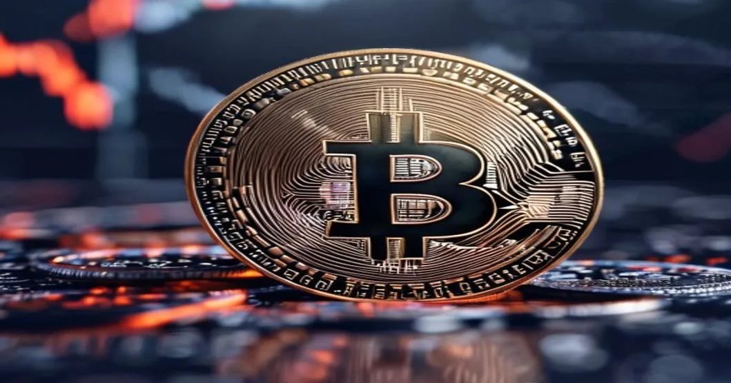 Bitcoin and Ethereum symbols displayed over a digital cryptocurrency market chart.