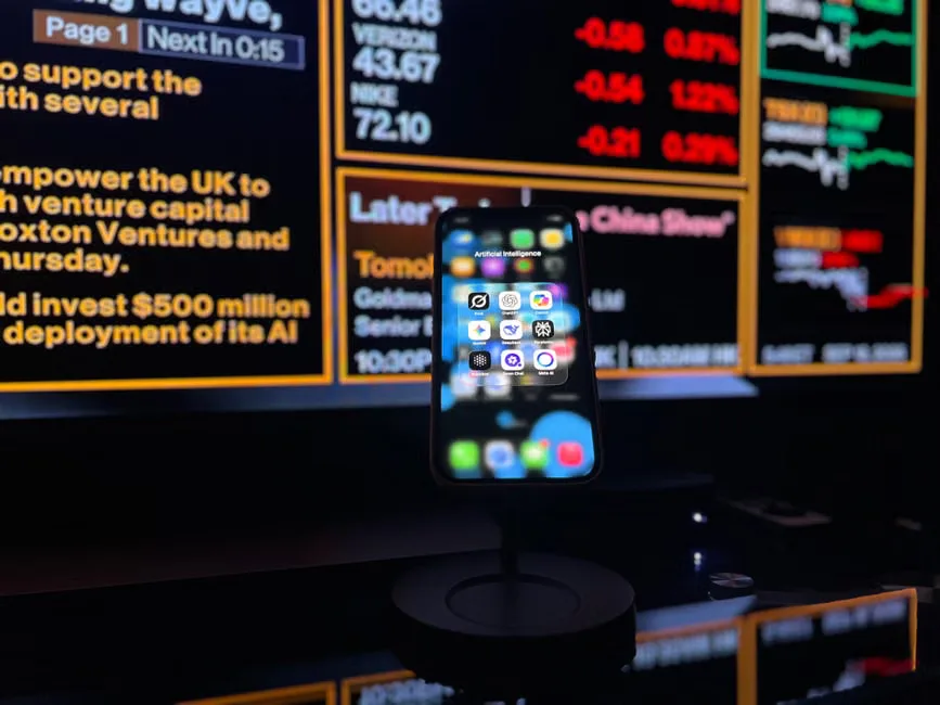 Digital stock market display highlighting C3.ai with AI-themed charts and rising search interest.