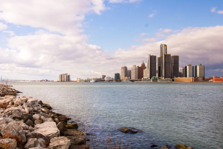 Downtown Detroit skyline under partly sunny skies as drier weather returns before hotter conditions next week