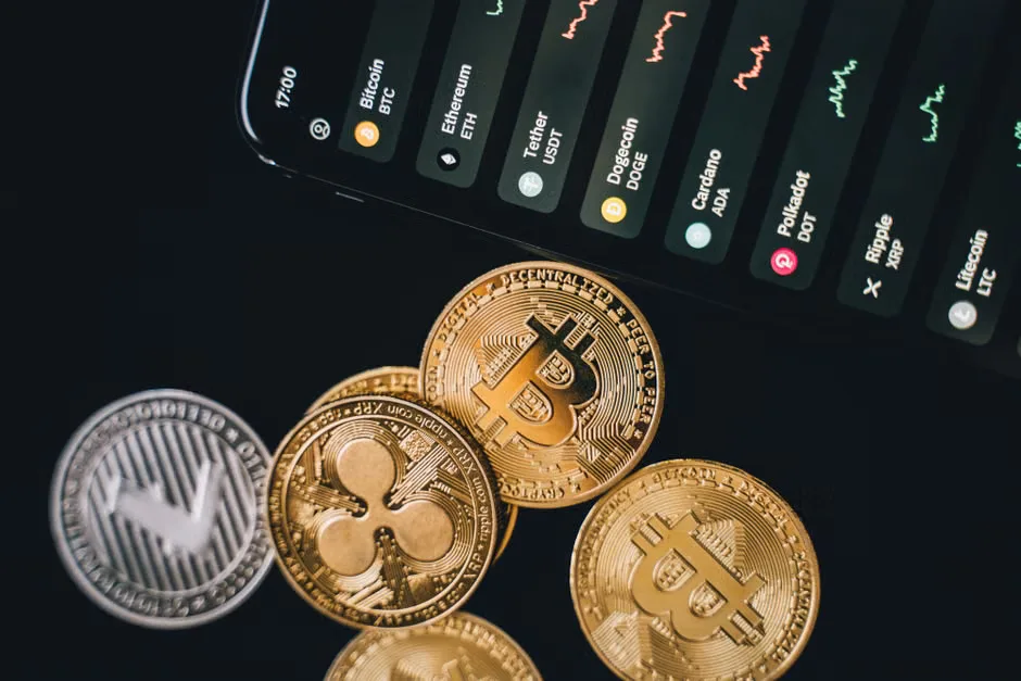 Ethereum and XRP symbols displayed over a digital cryptocurrency market chart.
