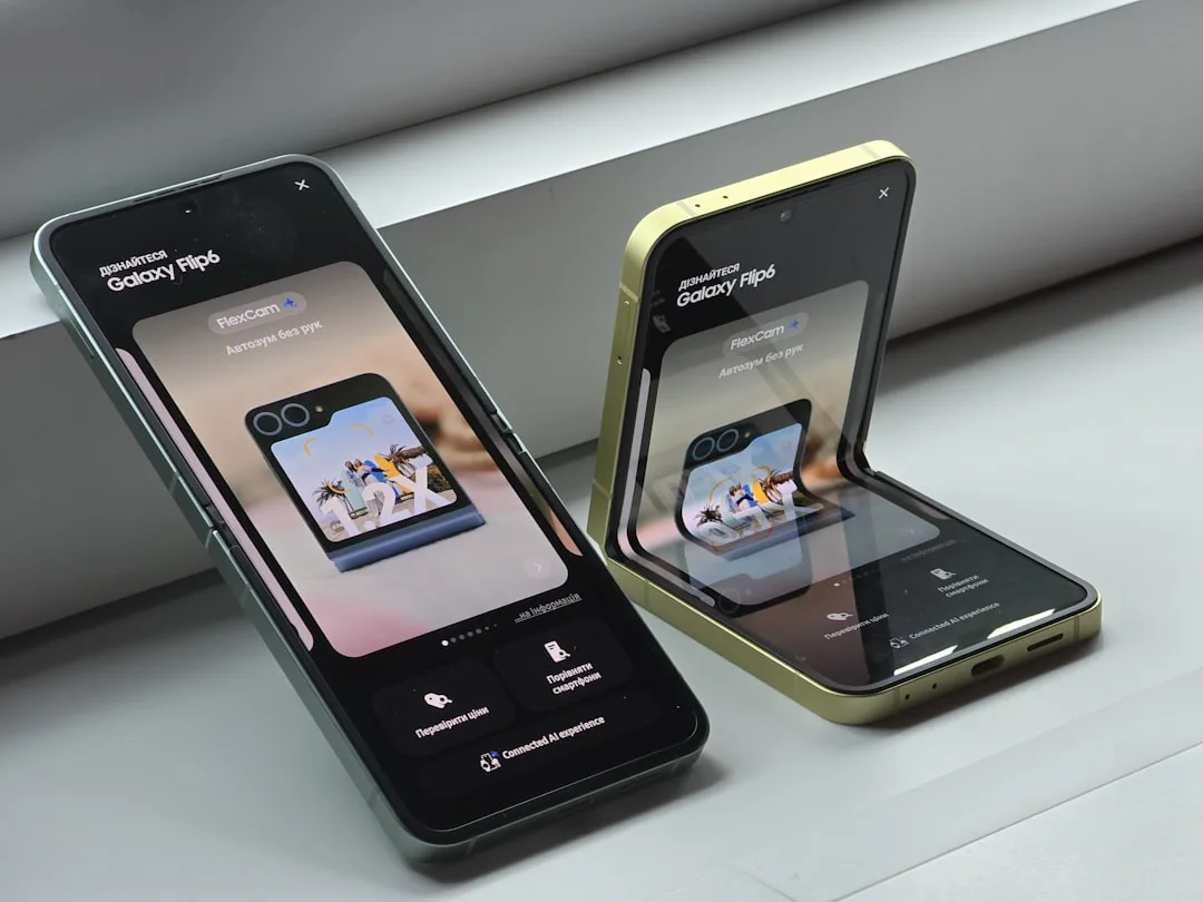 Concept image of a clamshell foldable smartphone with a large cover screen resting partially folded.