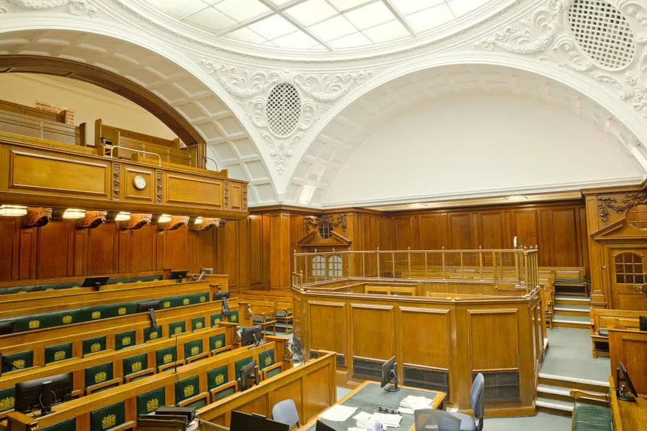 Exterior view of a London courthouse during the trial of a Suffolk member of Parliament