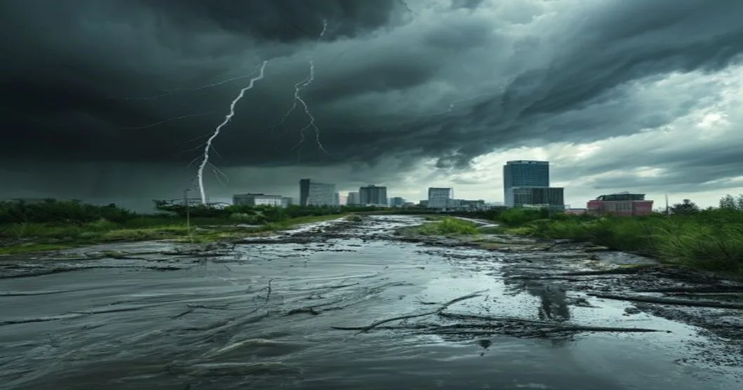 Storm clouds and wet streets in Kansas City after morning thunderstorms