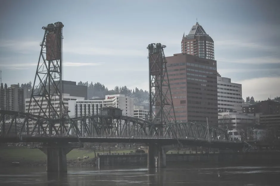 Portland Oregon skyline under a clear Sunday morning sky