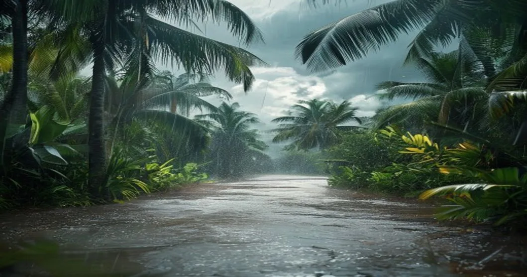 Dark storm clouds and wet roads during tropical downpours in Louisiana.