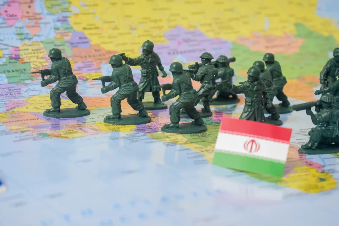The U.S. Capitol and White House represented alongside a map of the Middle East in a political news illustration.