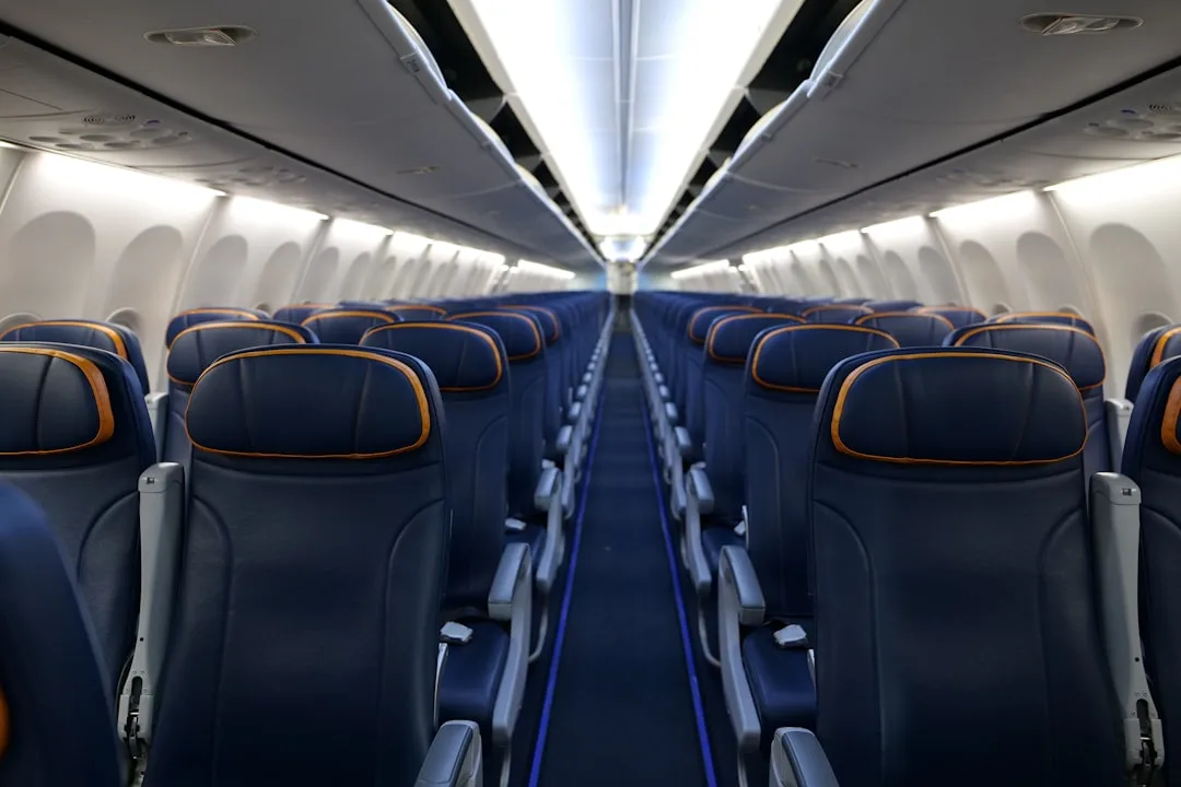 Interior view of a United Airlines aircraft showing the new Economy Plus seating layout without middle seats.